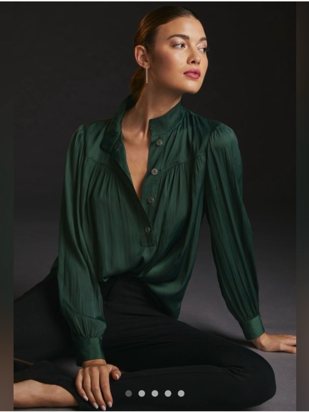 Anthropologie Emerald Green Pleated Button-Front Blouse M